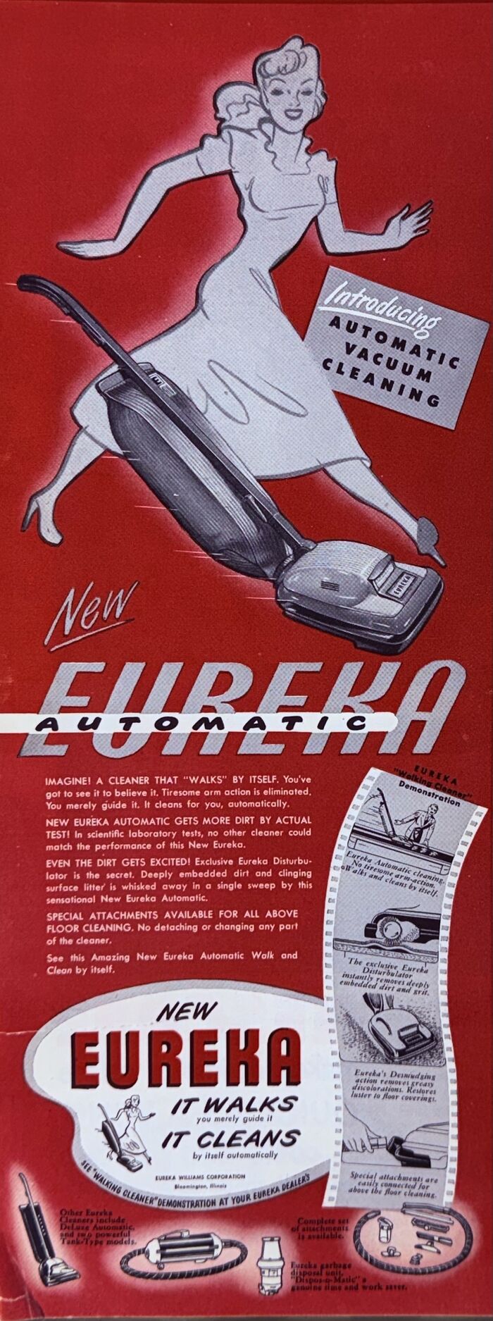Vintage retro ad of a woman demonstrating a Eureka automatic vacuum cleaner on a red background.