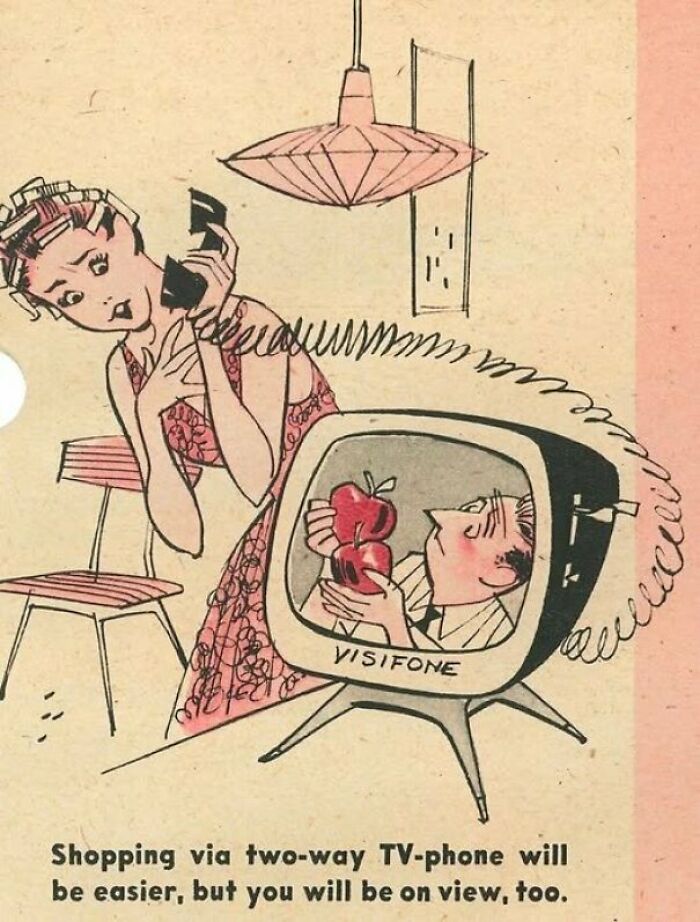 Retro ads illustration showing a woman using a TV-phone for two-way shopping in a vintage home setting.