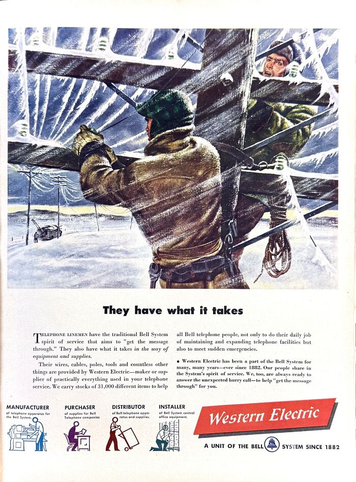 Retro ads showing telephone linemen working in snowy conditions, highlighting vintage Western Electric equipment and service.