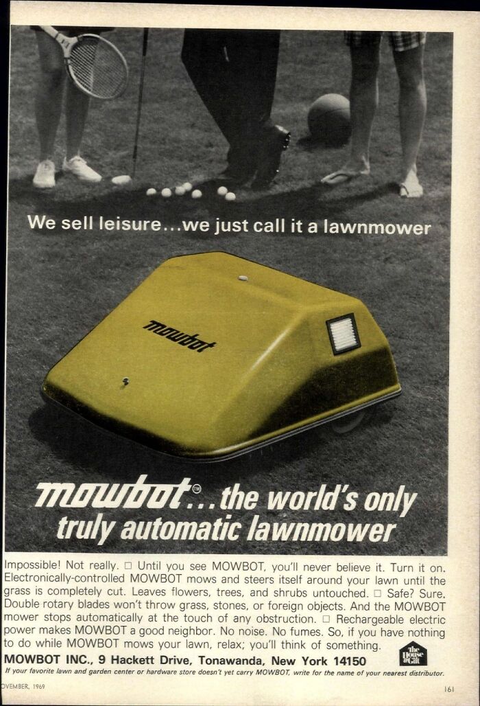 Retro ad showing an automatic lawnmower with people playing golf, capturing vintage leisure and technology style.