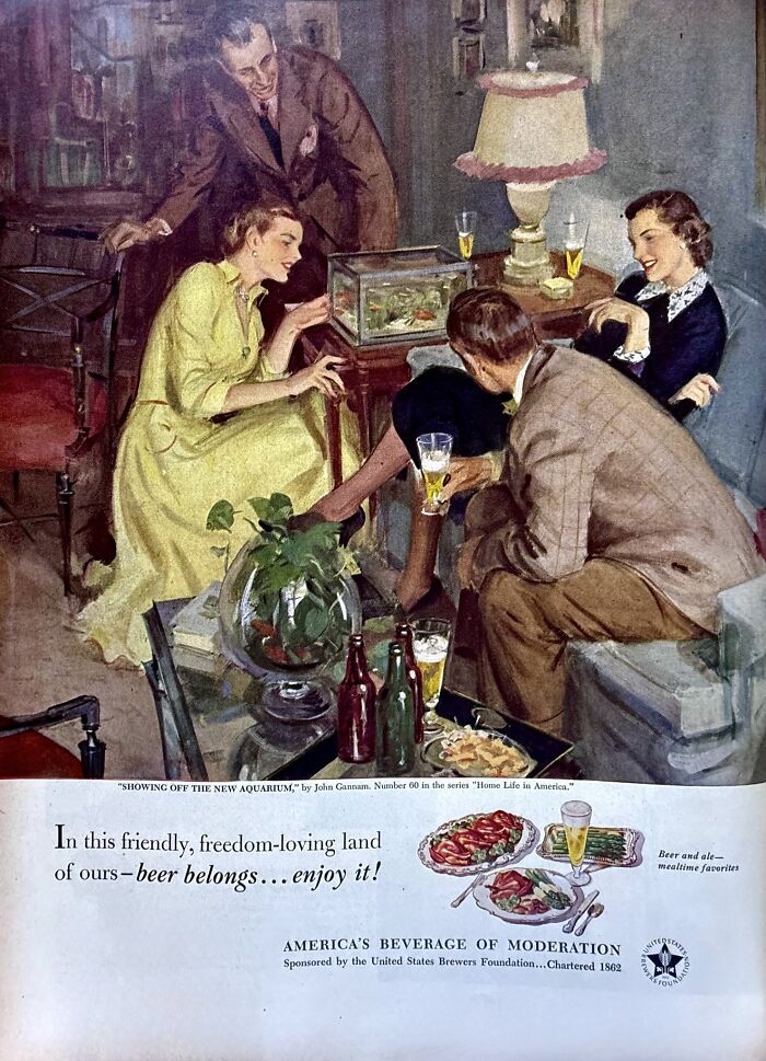Group enjoying beer and conversation in a cozy living room, illustrating retro ads from a different era.