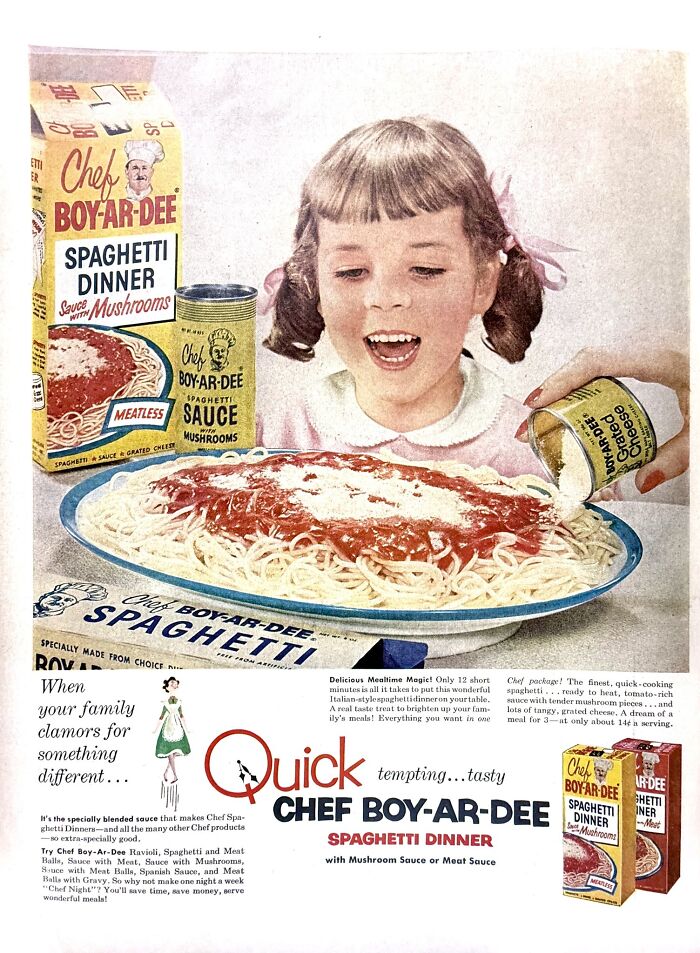 Retro ads featuring Chef Boy-Ar-Dee spaghetti dinner with a young girl enjoying a classic pasta meal from a different era.