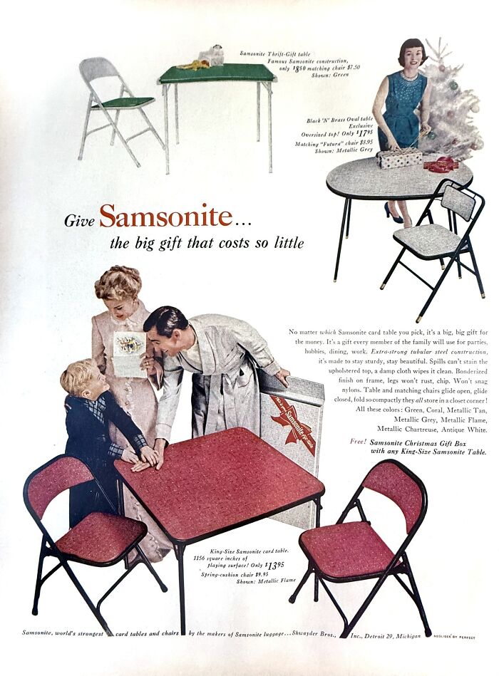 Vintage Samsonite card tables and chairs from retro ads showcasing durable furniture designs from a different era.