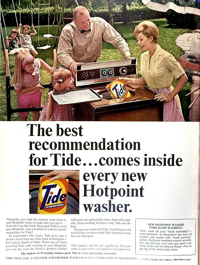 Retro ads showing a vintage family using Tide detergent with a Hotpoint washer outdoors in a nostalgic scene.