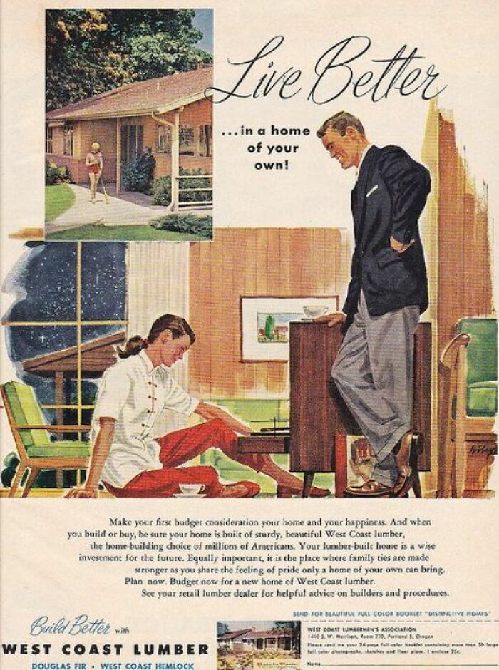Retro ads showing a 1950s family enjoying a stylish home interior and promoting West Coast lumber for home building.