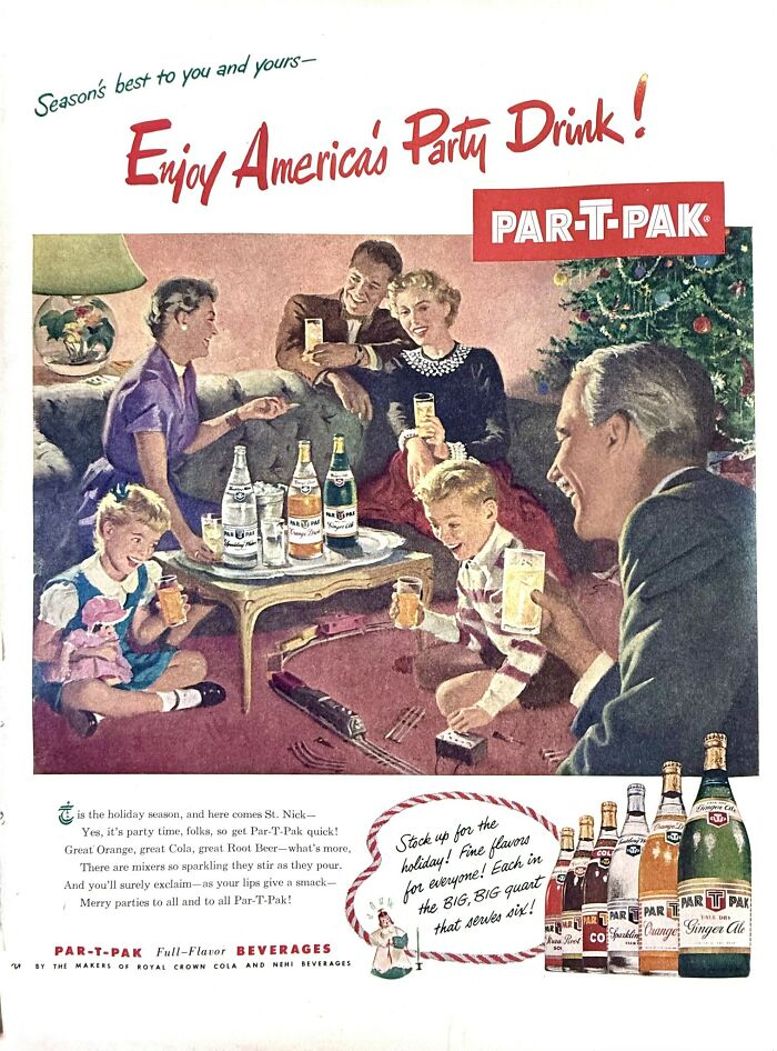 Vintage family enjoying holiday party with retro Par-T-Pak beverages highlighting 118 retro ads capturing a different era.