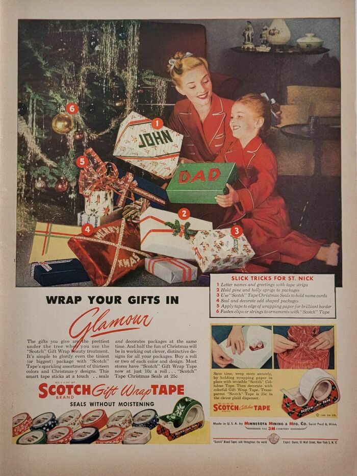 Vintage family wrapping Christmas gifts using retro Scotch gift wrap tape from old 118 retro ads capturing a different era.