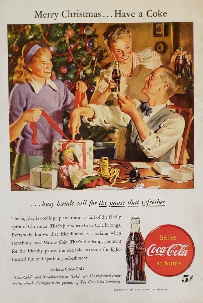 Vintage Coca-Cola Christmas ad showing a family enjoying holiday cheer with retro ads capturing a different era festive spirit.