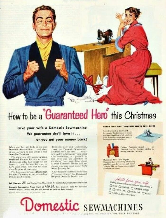 Retro ad showing a man and woman promoting domestic sewing machines in a colorful vintage style capturing a different era.