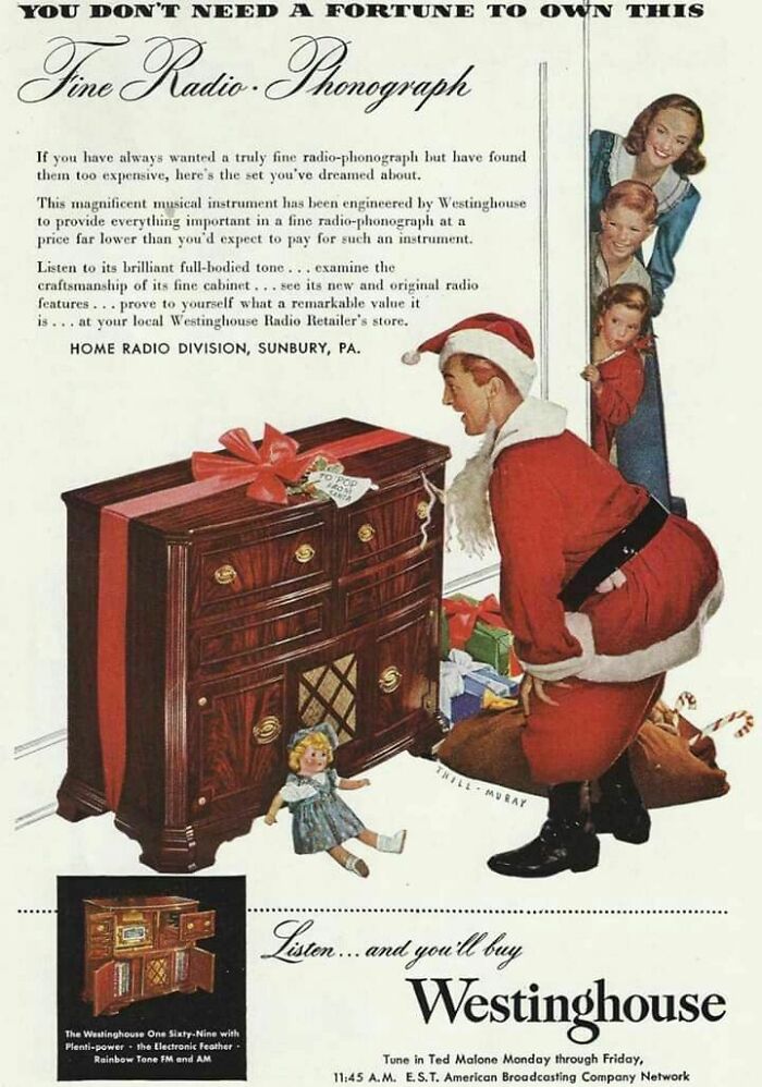 Vintage Westinghouse radio phonograph ad showing Santa delivering gifts with mother and children watching, capturing retro ads era.