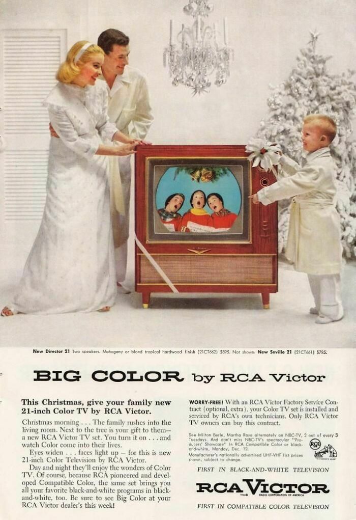 Family watching a vintage RCA Victor 21-inch color TV in a retro ad showcasing nostalgic color television technology.
