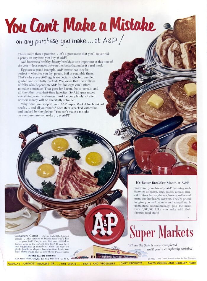 Vintage breakfast spread including eggs, bacon, pancakes, and juice featured in retro ads capturing a different era.
