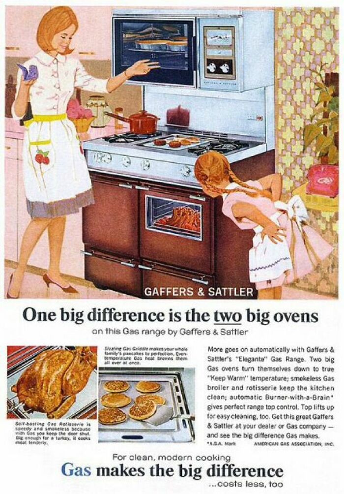 Vintage retro ad showing a woman and child using a gas stove with two big ovens, capturing a different era lifestyle.