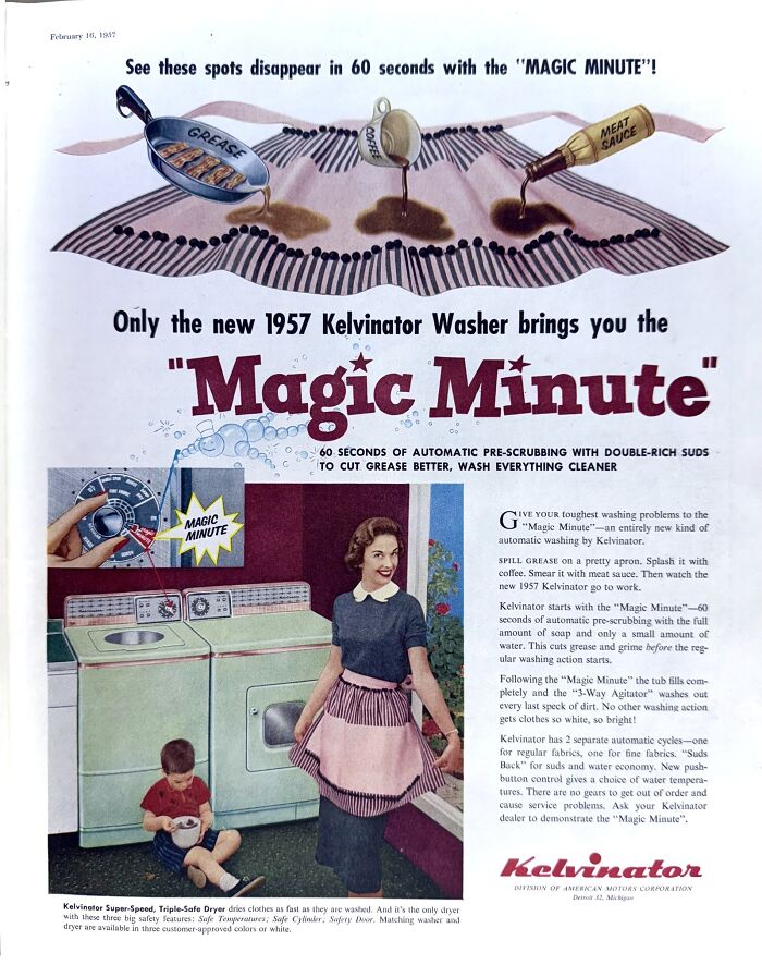 1957 Kelvinator washing machine retro ad showing a woman and child with Magic Minute pre-scrubbing feature cleaning grease spots.