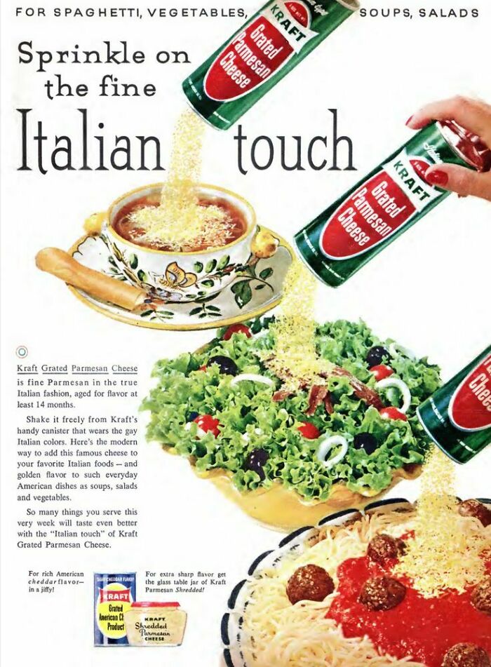 Vintage Kraft grated Parmesan cheese ad showing sprinkling over soup, salad, and spaghetti, capturing retro ads style.