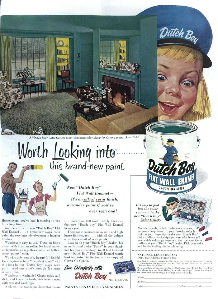 Retro ads featuring Dutch Boy Flat Wall Enamel paint showcasing vintage home interior design and classic 1950s style.