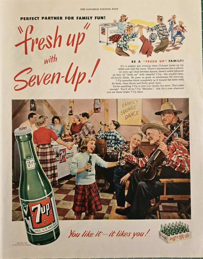 Vintage 7-Up retro ad showing a family dancing and enjoying soda at a lively indoor gathering from a different era.