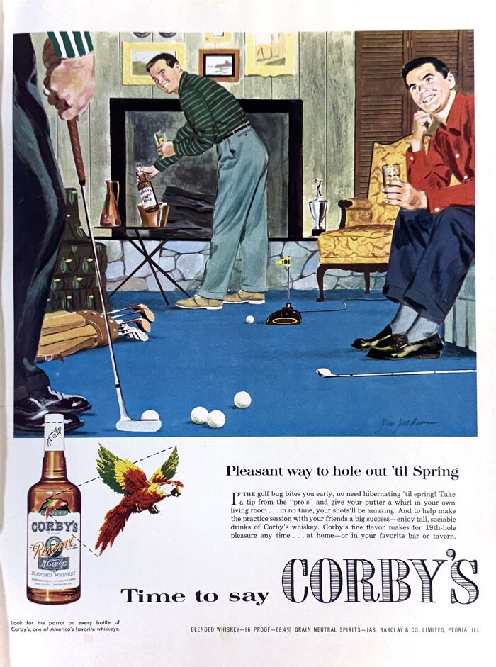 Vintage retro ads showing men playing indoor golf and enjoying whiskey in a living room setting from a different era.