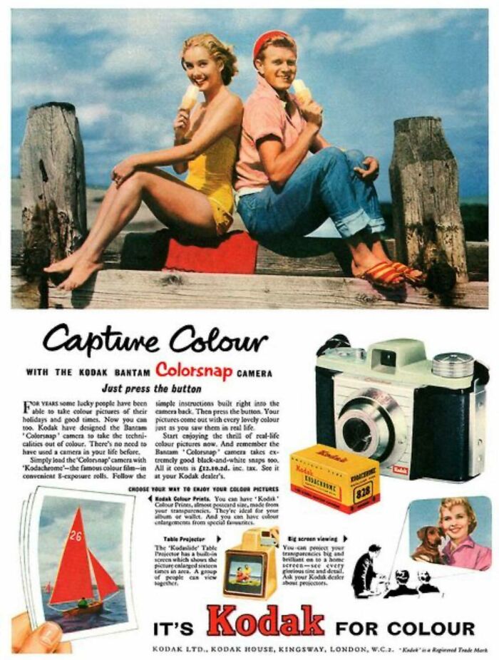 Vintage Kodak ad showing a young couple enjoying ice cream by the beach with retro camera and film box illustrations.