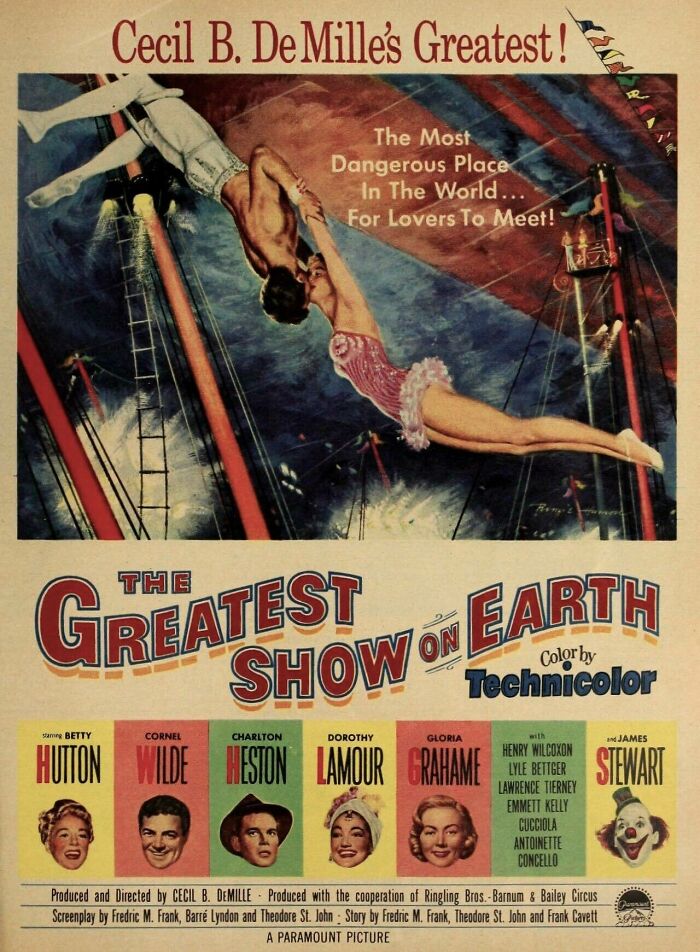 Vintage retro ad for The Greatest Show on Earth movie with circus trapeze artists and classic Hollywood actors.