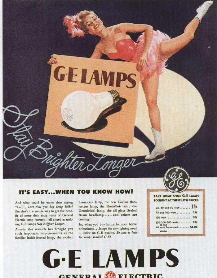 Vintage GE lamps ad with woman in pink costume promoting energy-saving bulbs in retro ads capturing a different era.