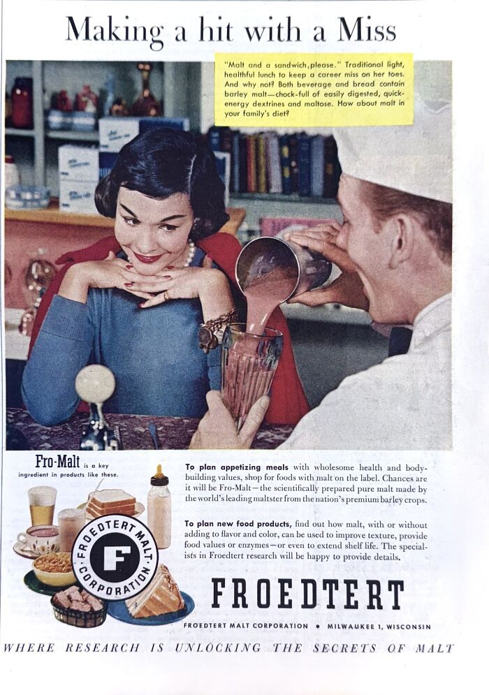 Vintage retro ad showing a woman at a diner with a maltshake being poured, highlighting classic 118 retro ads era design.