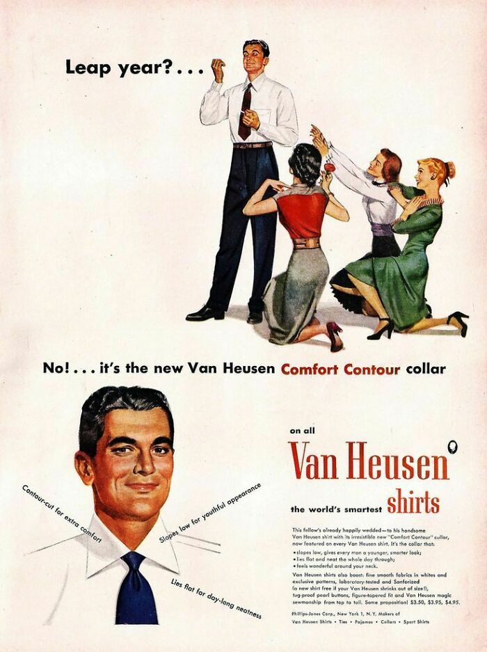 Retro ads from a different era featuring vintage Van Heusen shirts with Comfort Contour collar and classic style.