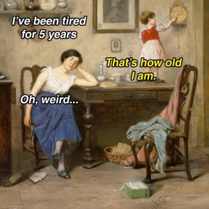 Woman sitting tired with child at an old-fashioned table in a chaotic and hilarious painting capturing modern problems.