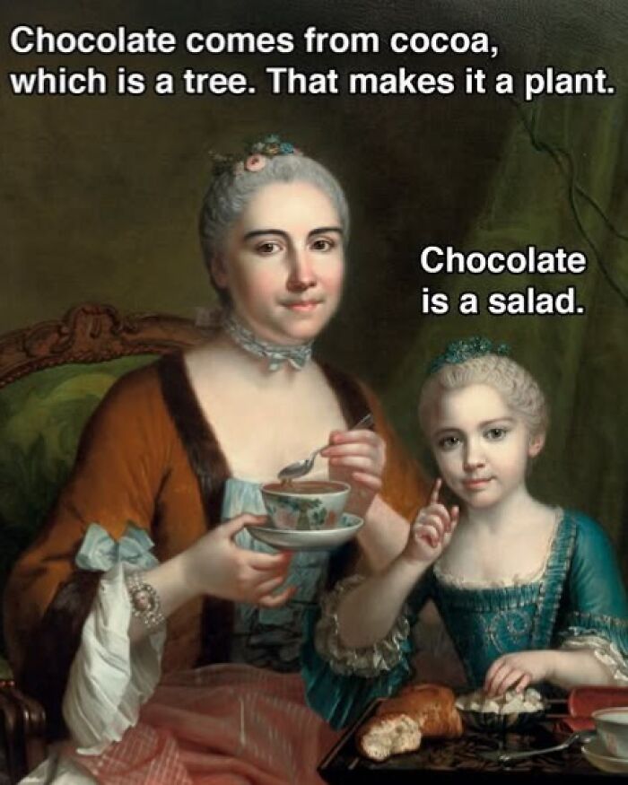 Classical painting with humorous modern text about chocolate as a salad, highlighting chaotic and hilarious paintings on modern problems.