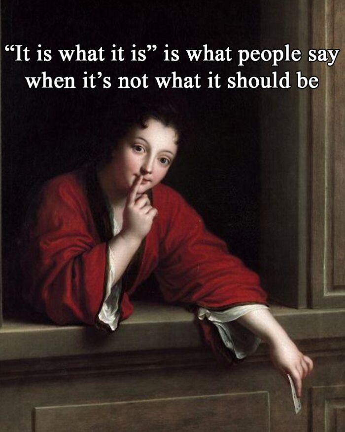 Classical painting with text about modern problems and chaotic and hilarious paintings capturing today's issues.