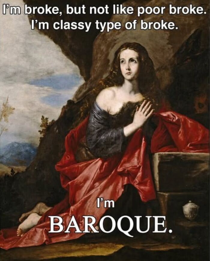 Baroque painting humorously captioned to capture modern problems with chaotic and hilarious style.