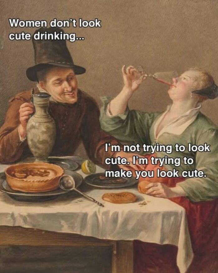 Painting of a man and woman at a table with humorous text, capturing chaotic and hilarious modern problems in art.