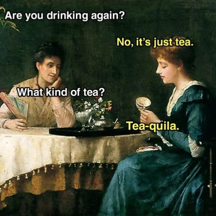 Two women at a table in a chaotic and hilarious painting humorously discussing tea labeled Tea-quila.