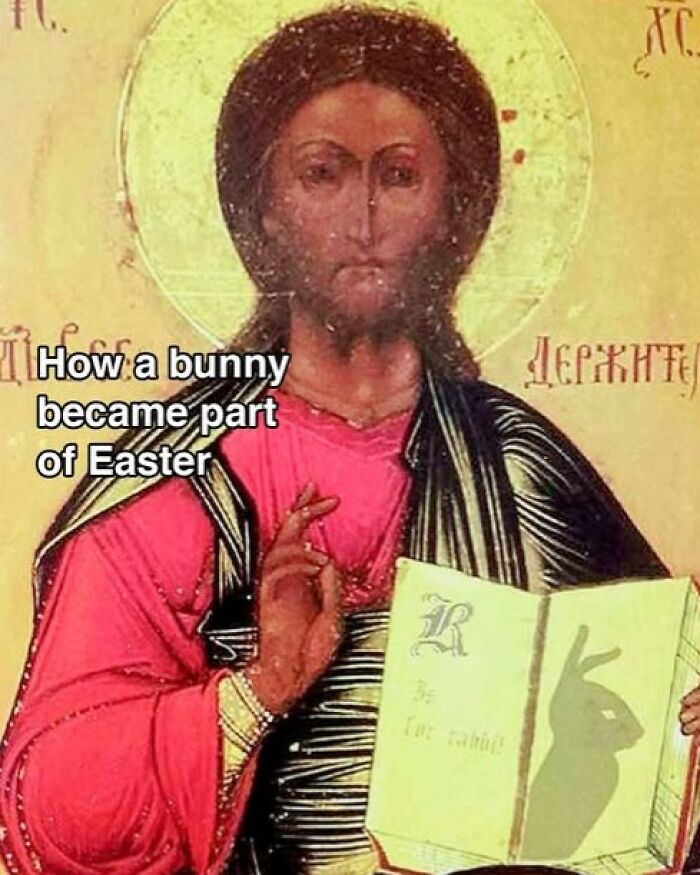 Religious painting with humorous shadow of a bunny, representing chaotic and hilarious paintings capturing modern problems.