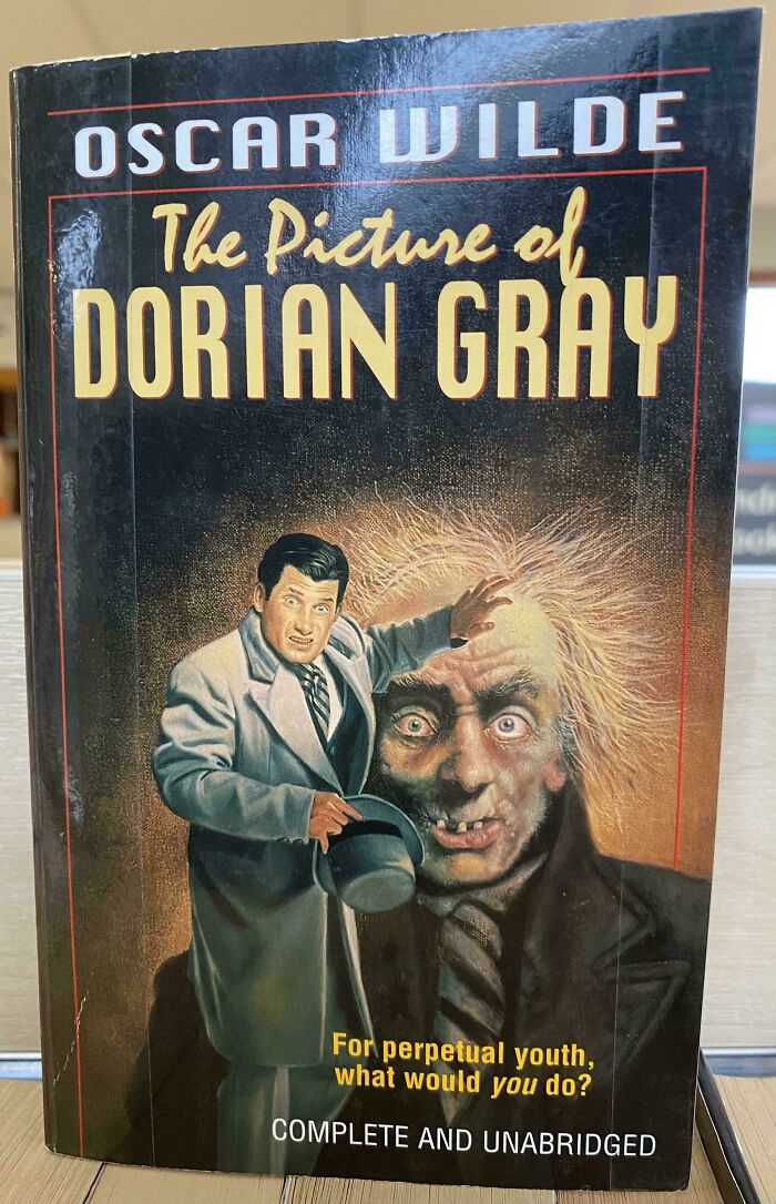 Book cover of The Picture of Dorian Gray with a poorly drawn character, an example of funny awful book covers.