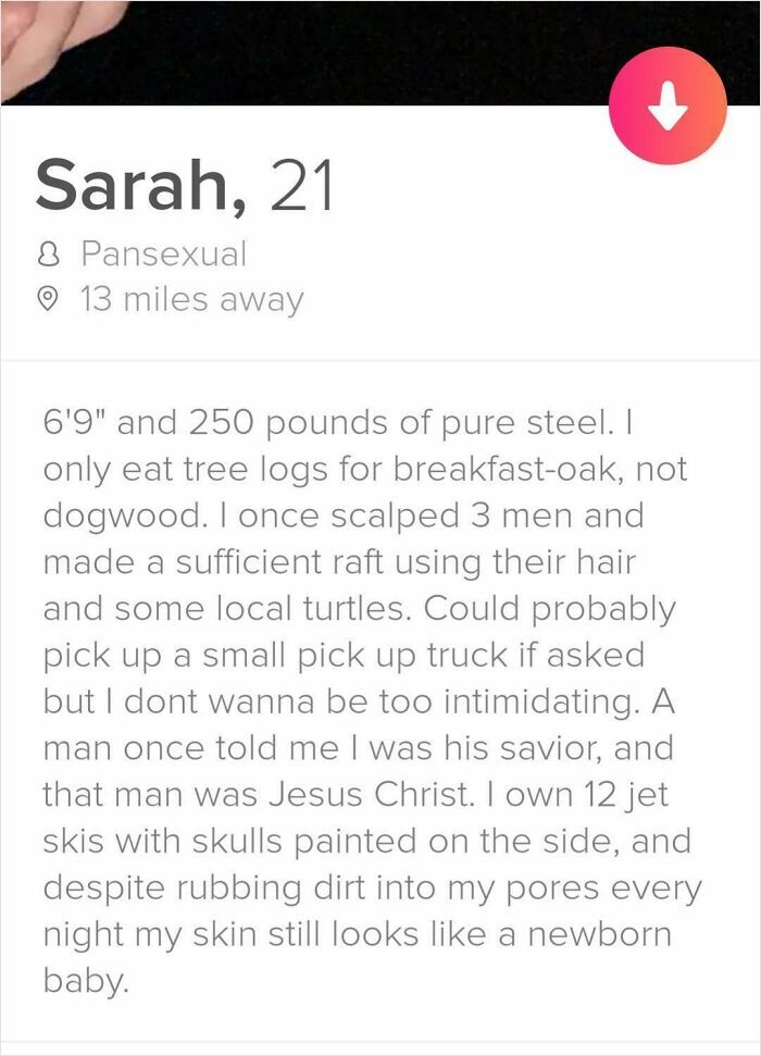 Tinder profile of Sarah, 21, with an unusual bio full of wild claims and quirky humor from off the rails Tinder profiles.