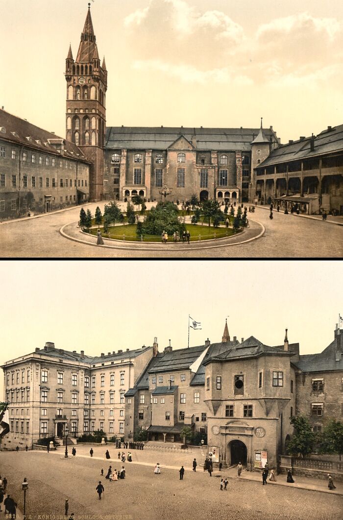 Two vintage views of interesting buildings with historic architecture that got lost as the world changed.