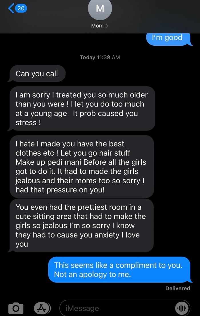Text message conversation showing entitled family member apologizing while highlighting favoritism and causing jealousy and anxiety.