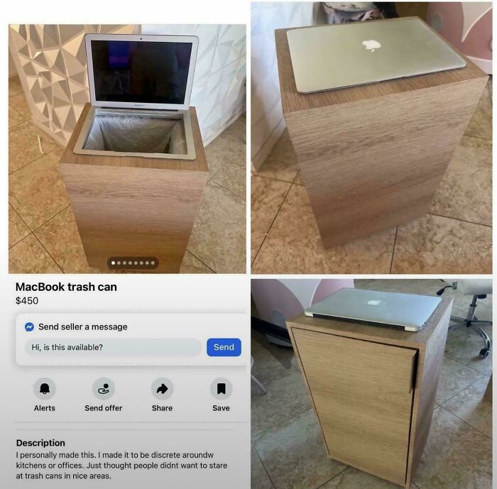 Wooden trash can designed to look like a MacBook laptop, showcasing a deeply cursed DIY project.