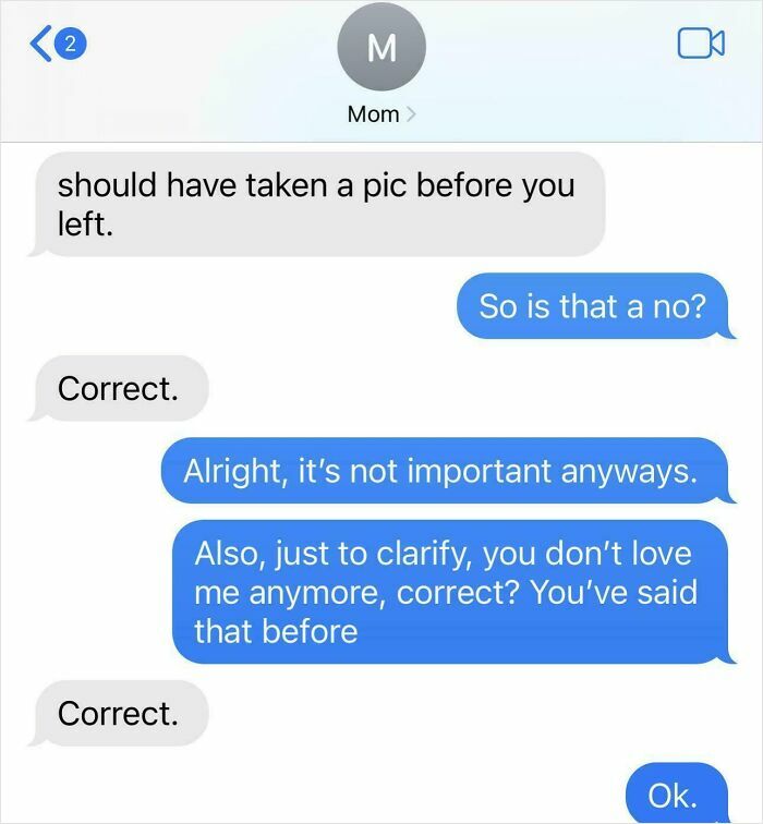 Text message exchange showing delusional family members displaying entitlement and emotional neglect in a blunt conversation.