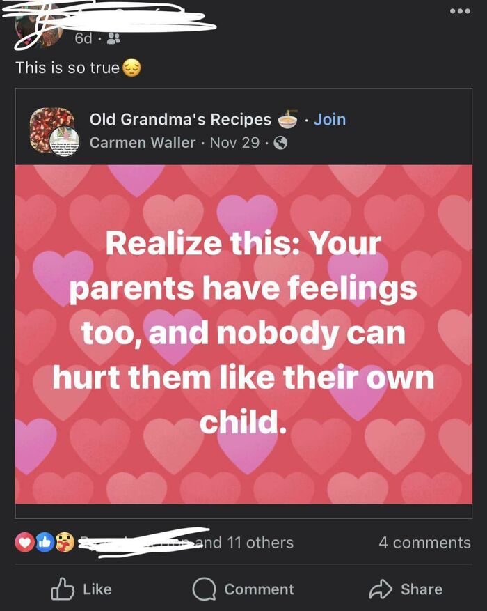 Social media post sharing a quote about parents' feelings and entitled family members showing their true nature.
