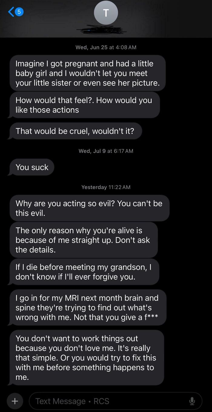 Text message conversation showing delusional family members expressing entitlement and emotional manipulation in black chat bubbles.