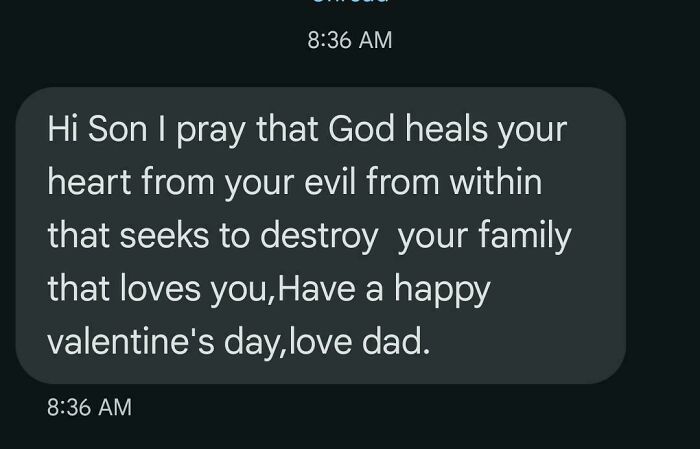 Text message showing entitled family member claiming to pray for son's heart and wishing happy Valentine's Day.