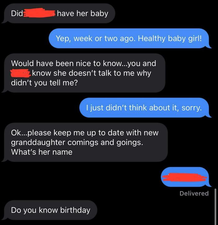 Text message conversation revealing entitled family members demanding updates about a newborn baby despite poor communication.