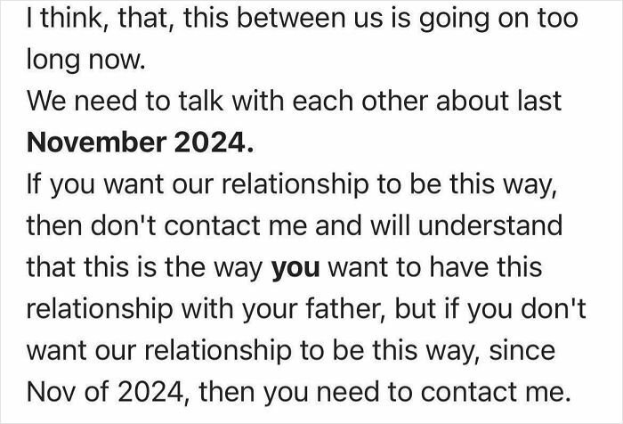 Text message showing a delusional family member setting demands about their relationship in November 2024.
