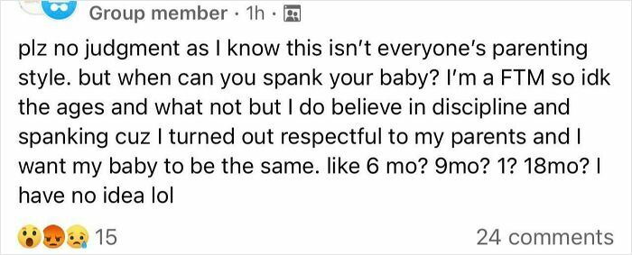 Text post in a group about disciplining babies, showing entitled family members' opinions on parenting and spanking ages.