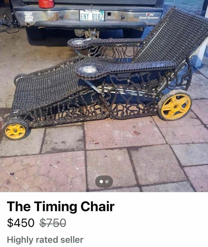Wicker lawn chair with unusual metal frame and yellow wheels in a DIY project gone deeply cursed.