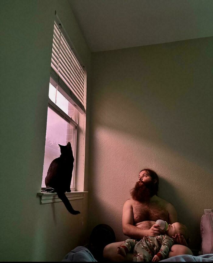 Bearded man feeding baby while black cat sits on windowsill, creating an accidentally Renaissance pets animals scene.