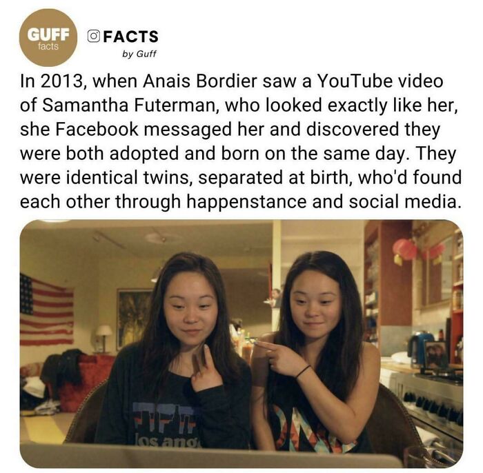 Amazing photo of identical twins, Anais Bordier and Samantha Futerman, teaching about their reunion story.