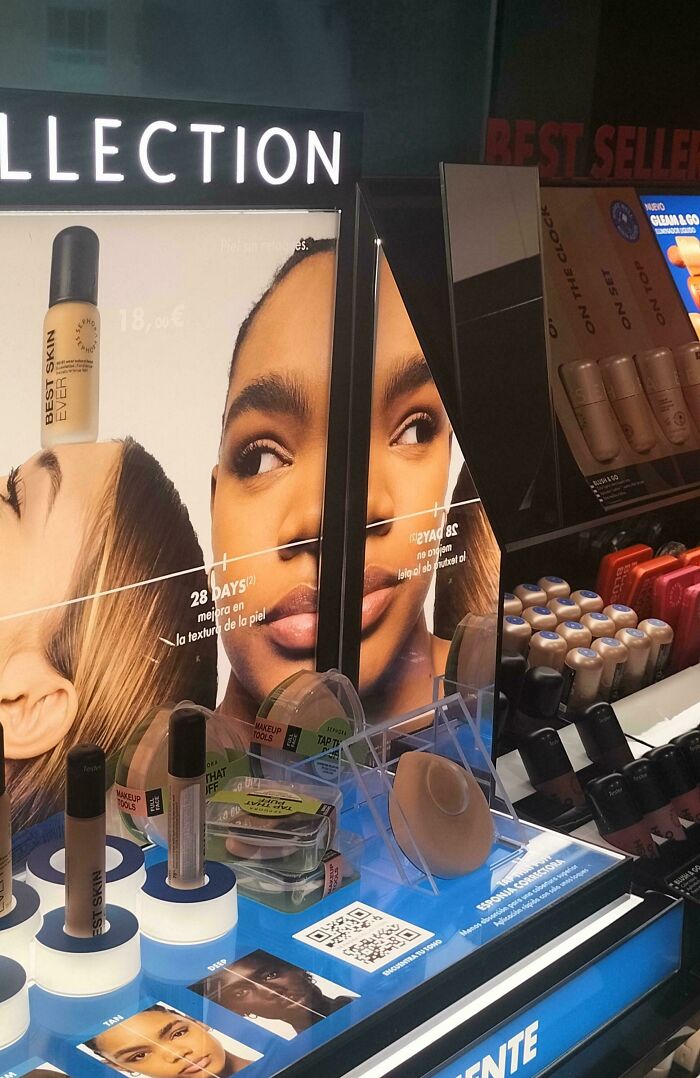 A makeup display where a model's face is awkwardly split by a mirror, an example of funny fails.